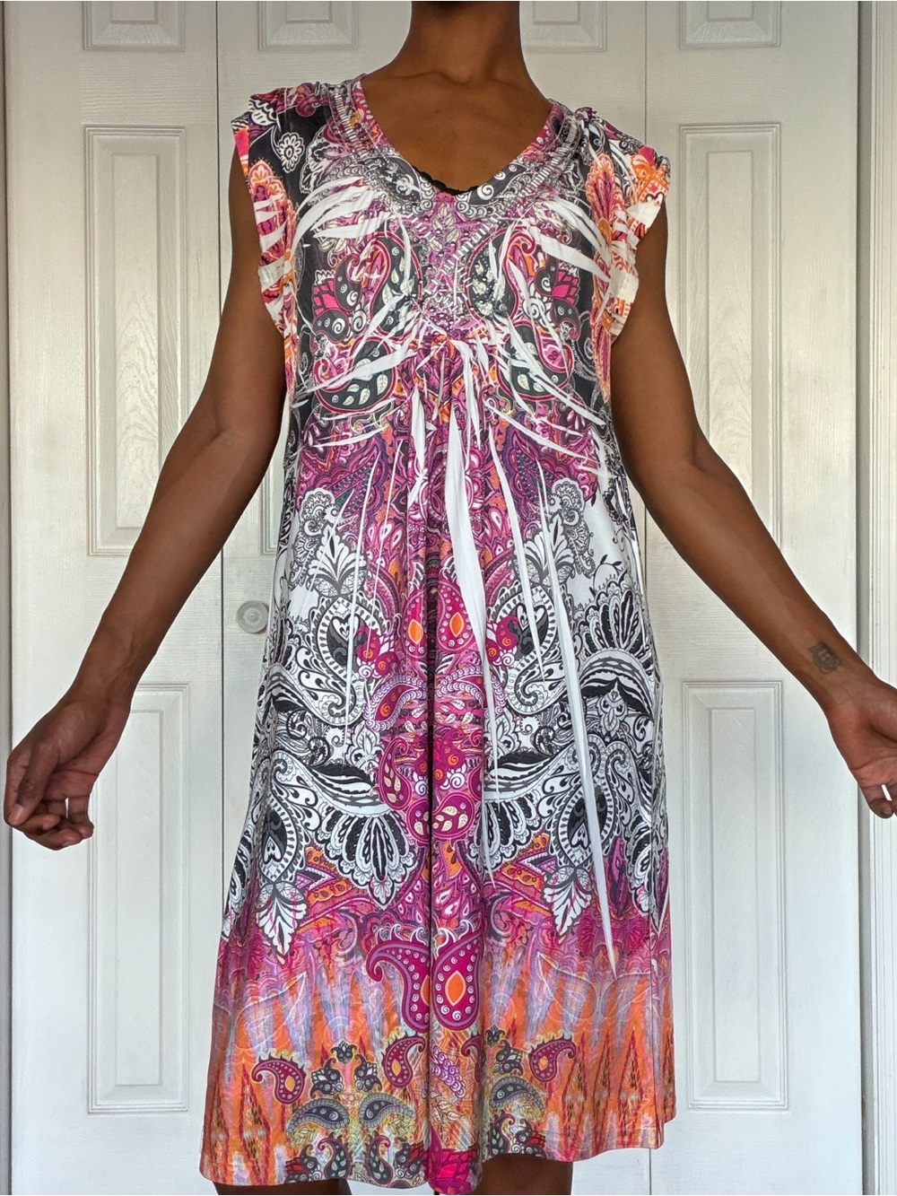 Unity World Wear Pink and Orange Paisley Midi Dress